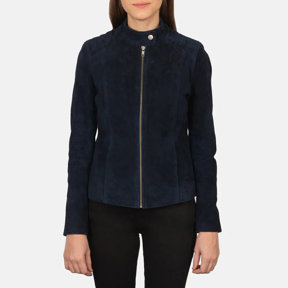 Women Navy Blue Suede Biker Jacket