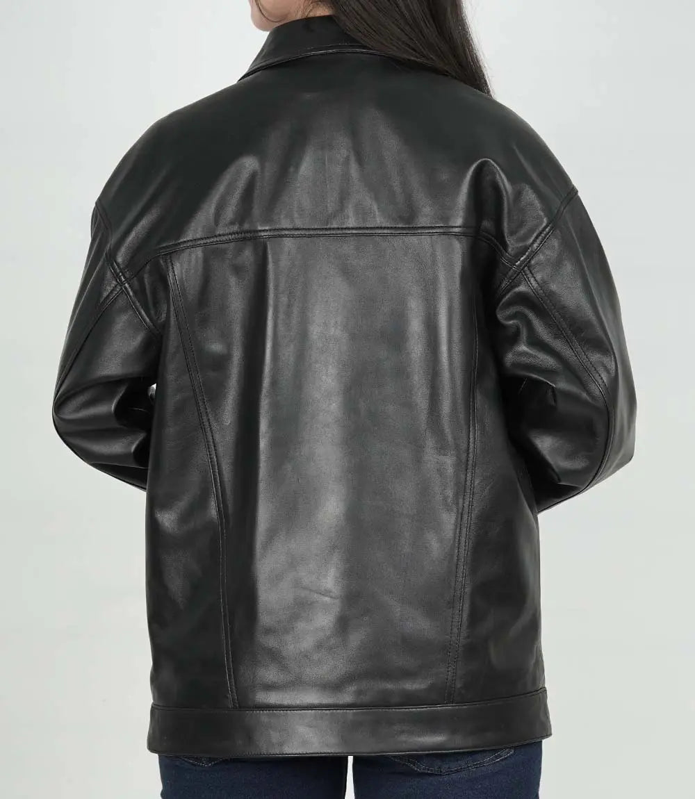 Womens Black Leather Oversized Trucker Jacket