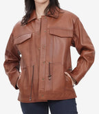 Womens Cognac Oversized Leather Trucker Jacket