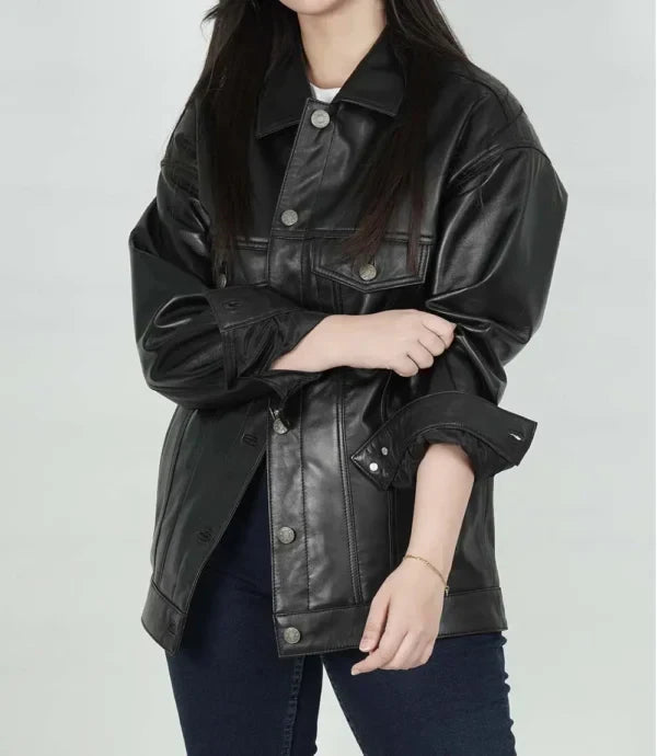 Womens Black Leather Oversized Trucker Jacket