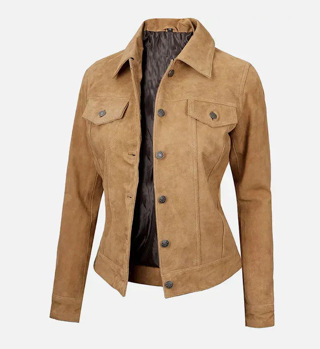 Womens Light Brown Suede Trucker Jacket