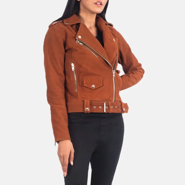 Women Brown Suede Biker Jacket