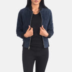 Women Blue Suede Bomber Jacket