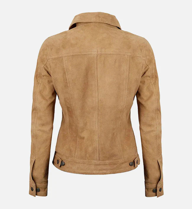 Womens Light Brown Suede Trucker Jacket