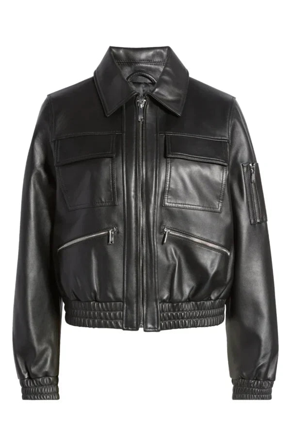 Womens Black Tall Leather Bomber Spread jacket