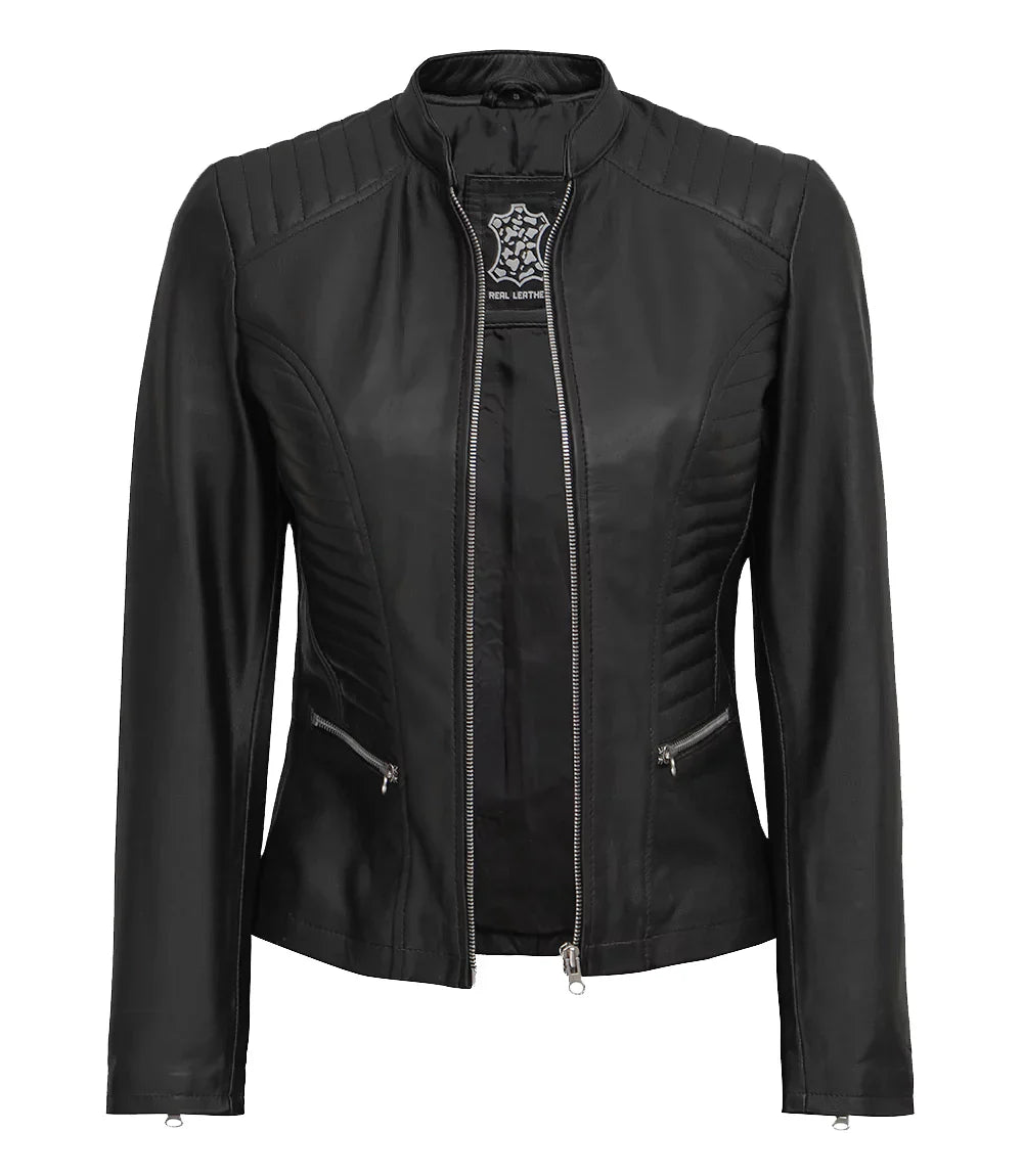 Womens Tall Black Cafe Racer Leather Jacket