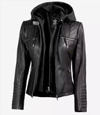 Womens Tall Black Leather Jacket With Removable Hood