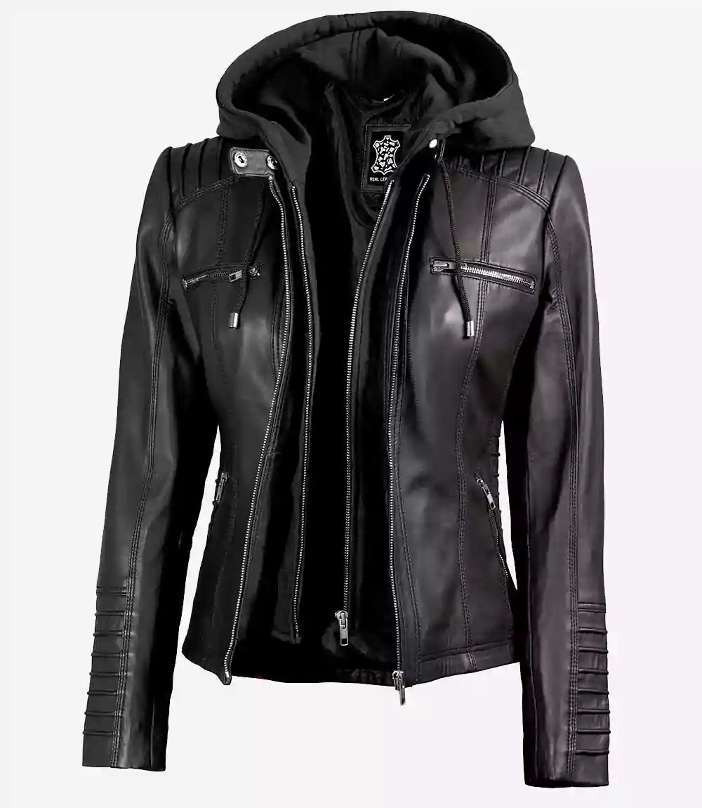 Womens Tall Black Leather Jacket With Removable Hood