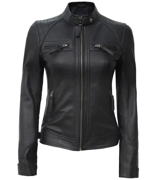 Women Tall Black Quilted Cafe Racer Leather Jacket