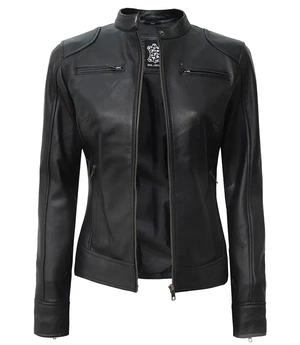 Womens Tall Black Leather Biker Jacket