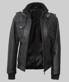 Women Tall Black Hooded Bomber Leather Jacket