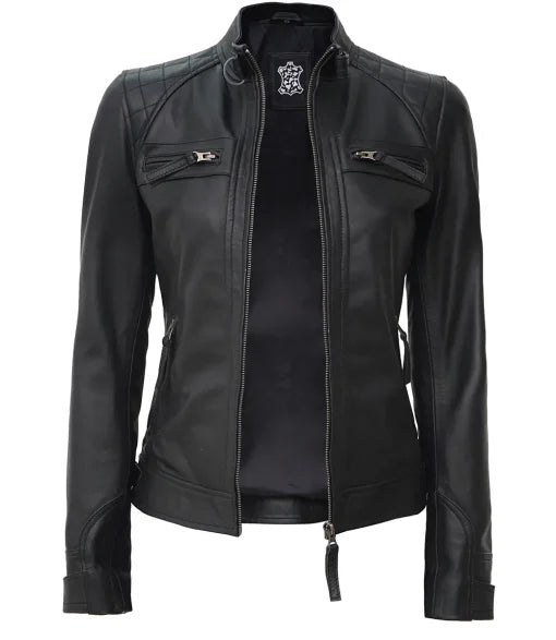 Women Tall Black Quilted Cafe Racer Leather Jacket