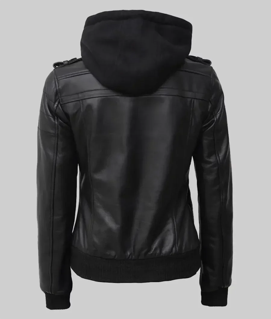 Women Tall Black Hooded Bomber Leather Jacket