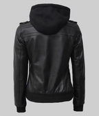 Women Tall Black Hooded Bomber Leather Jacket