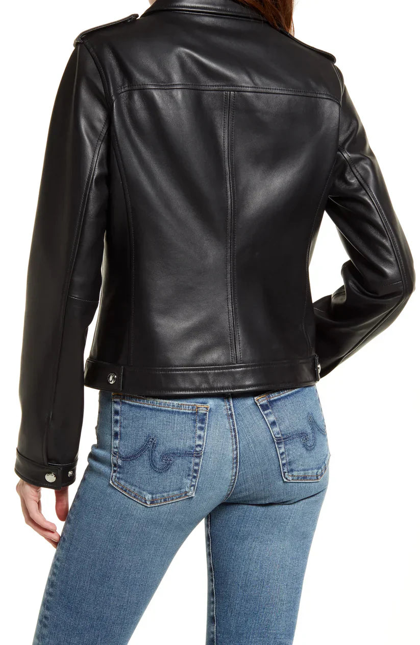 Womens Tall Black Nappa Leather Biker Jacket