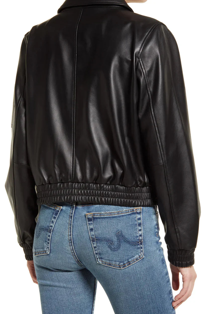 Womens Black Tall Leather Bomber Spread jacket