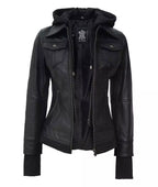 Women Tall Black Leather Jacket With Removable Hood