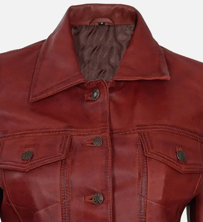 Women Red Leather Trucker Jacket