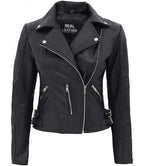 Real Leather Womens Biker Jacket Bari Black