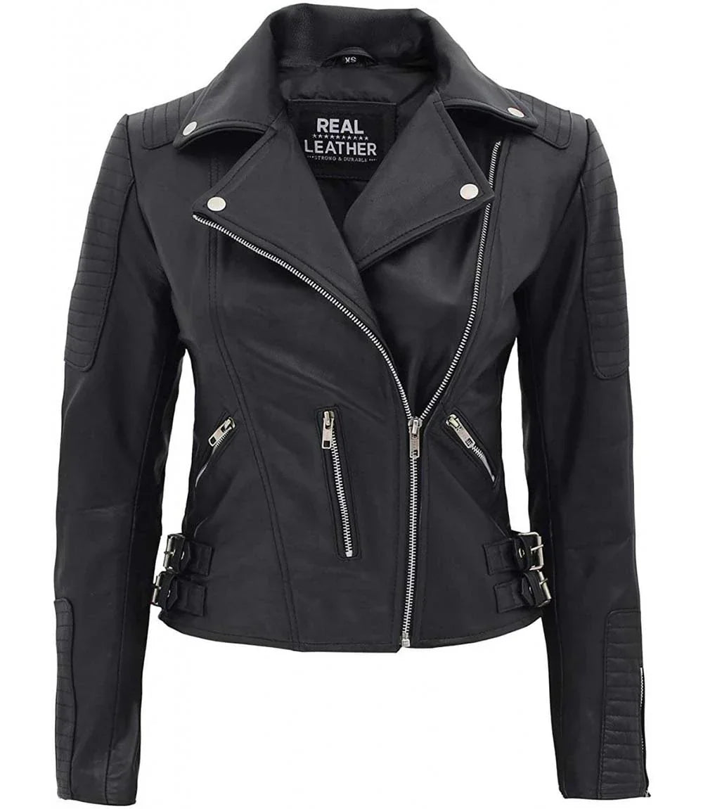 Real Leather Womens Biker Jacket Bari Black