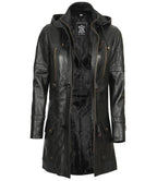 Womens Black Leather Hooded Coat - 3/4 Length