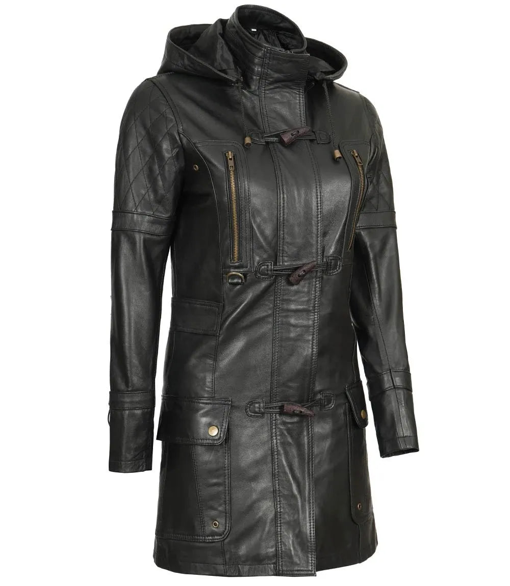 Womens Black Leather Hooded Coat - 3/4 Length