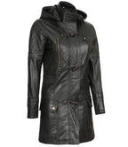 Womens Black Leather Hooded Coat - 3/4 Length
