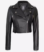 Black Cropped Leather Jacket for Women