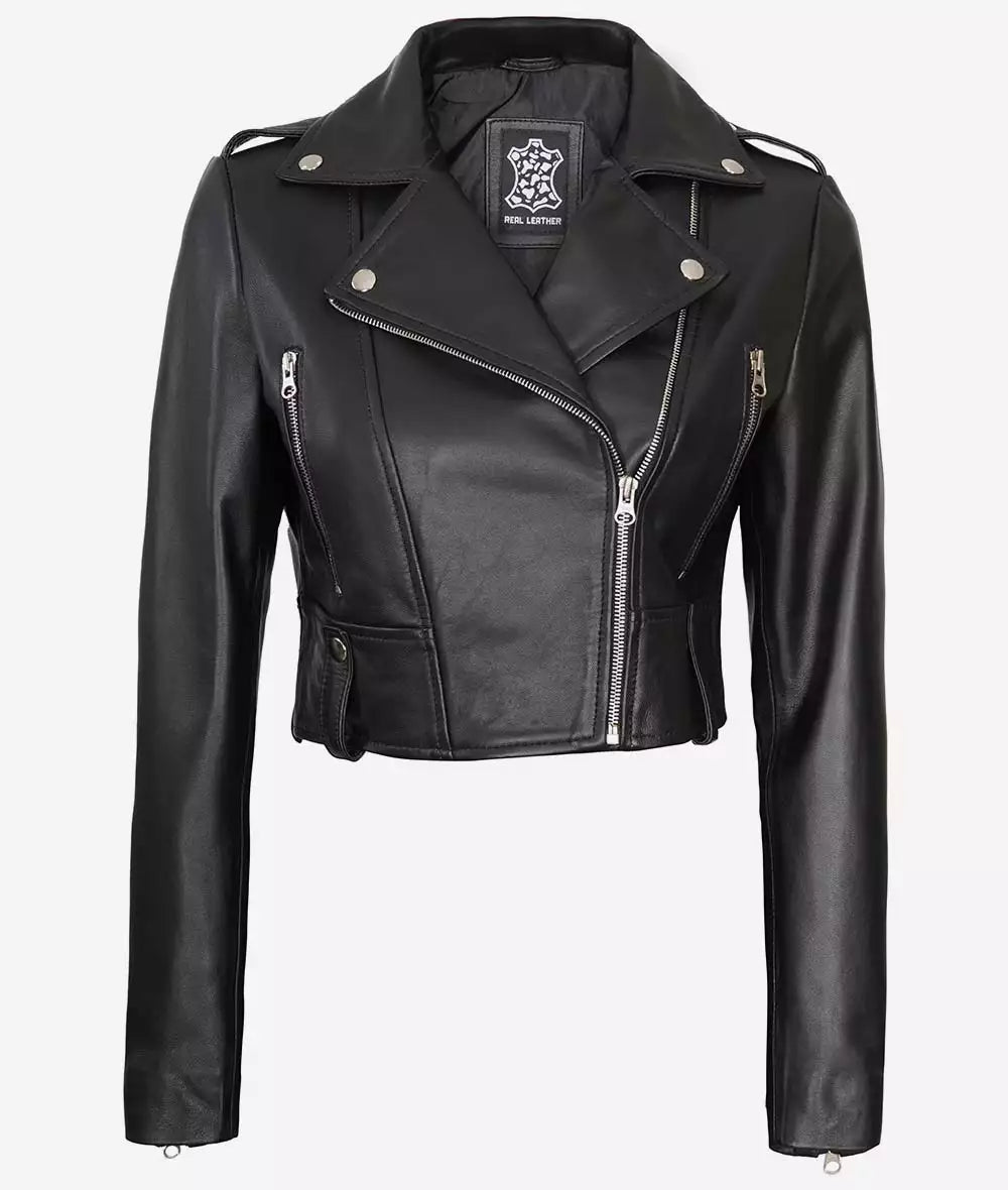 Black Cropped Leather Jacket for Women