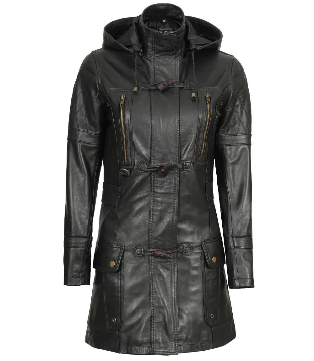 Womens Black Leather Hooded Coat - 3/4 Length