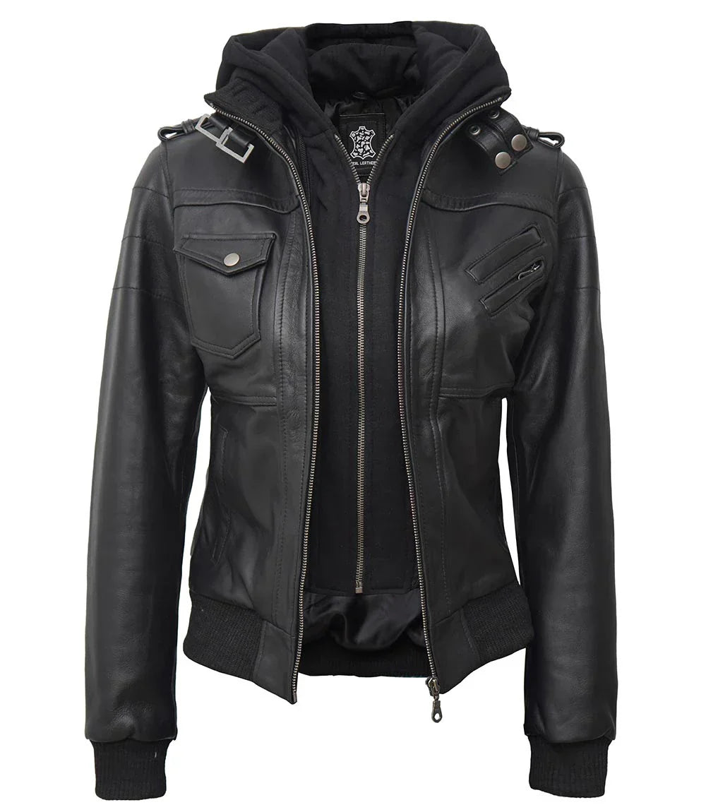 Womens Edinburgh Bomber Leather Jacket with Detachable Hood