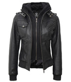 Womens Edinburgh Bomber Leather Jacket with Detachable Hood
