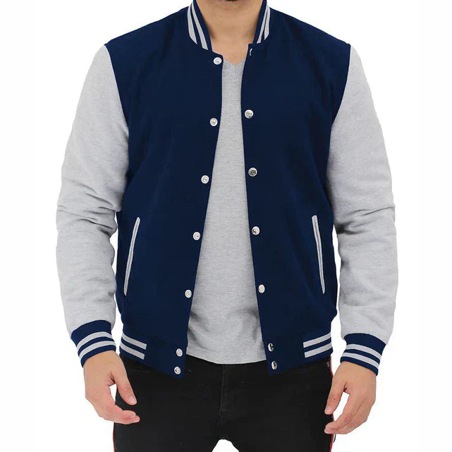 Grey and Blue Baseball Style Varsity Jacket