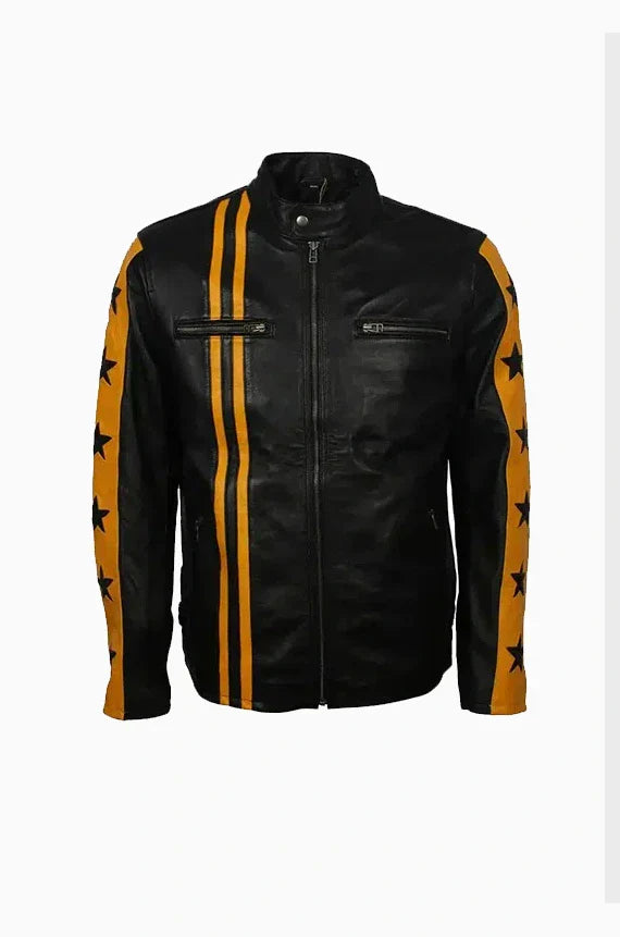 Mens Cafe Racer Yellow Star Leather Jacket