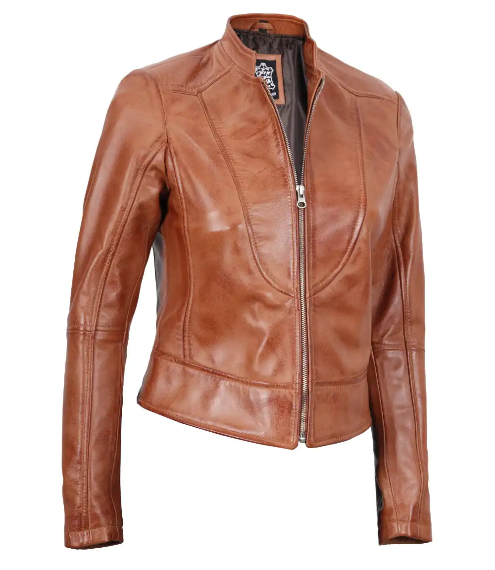 Tan Brown Leather Cafe Racer Jacket For Women