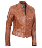 Tan Brown Leather Cafe Racer Jacket For Women