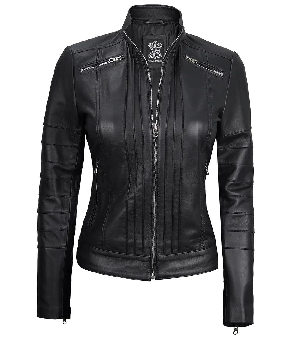 Black Real Leather Cafe Racer Jacket For Women