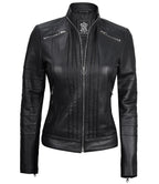 Black Real Leather Cafe Racer Jacket For Women