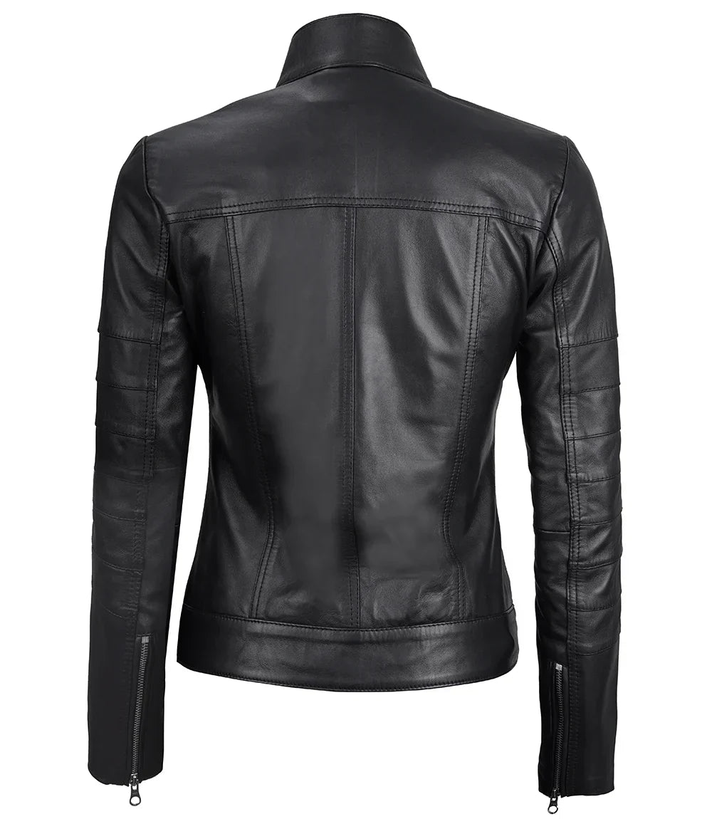 Black Real Leather Cafe Racer Jacket For Women