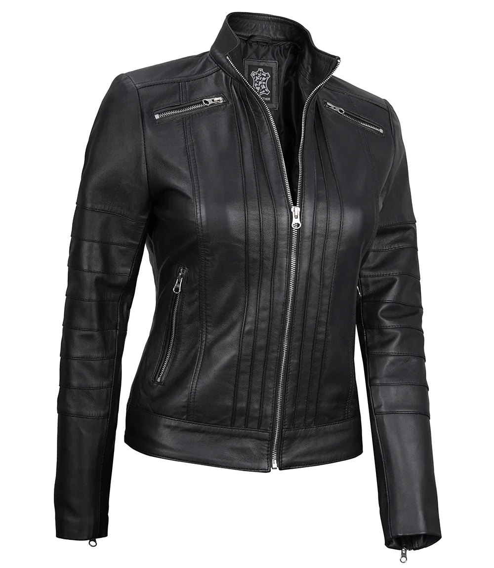 Black Real Leather Cafe Racer Jacket For Women