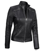 Black Real Leather Cafe Racer Jacket For Women