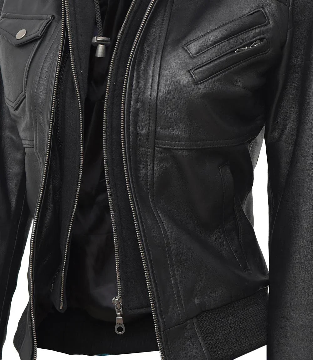 Womens Edinburgh Bomber Leather Jacket with Detachable Hood