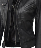 Womens Edinburgh Bomber Leather Jacket with Detachable Hood