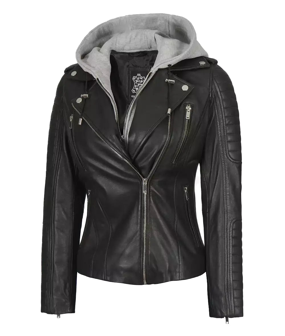 Women Black Leather Detachable Hood Jacket