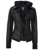 Tralee Black Leather Bomber Jacket With Hood
