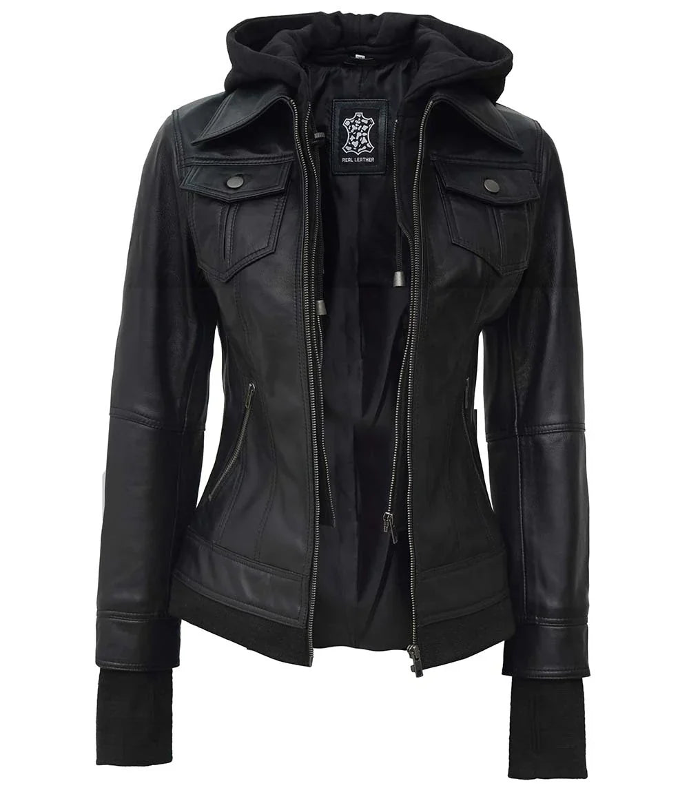 Tralee Black Leather Bomber Jacket With Hood