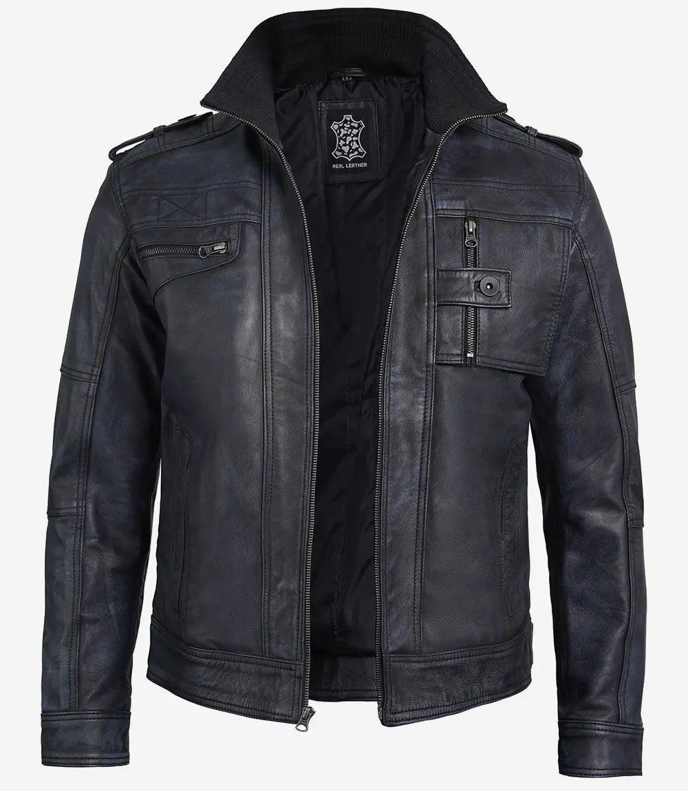 Mens Rugged Black Leather Biker Jacket