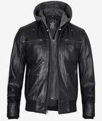 Black Leather Bomber Jacket for Men Detachable Hood
