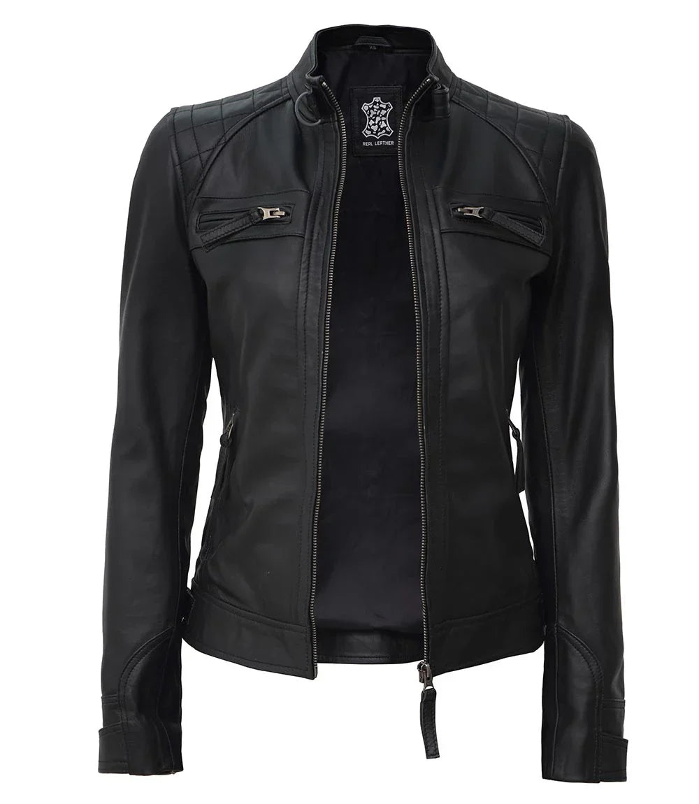 Womens Stylish Black Quilted Cafe Racer Jacket – Genuine Leather