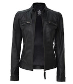 Womens Stylish Black Quilted Cafe Racer Jacket – Genuine Leather